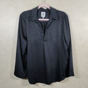 2/$20 04183 Ivy Jane black crinkle satin collared v-neck L/S blouse L